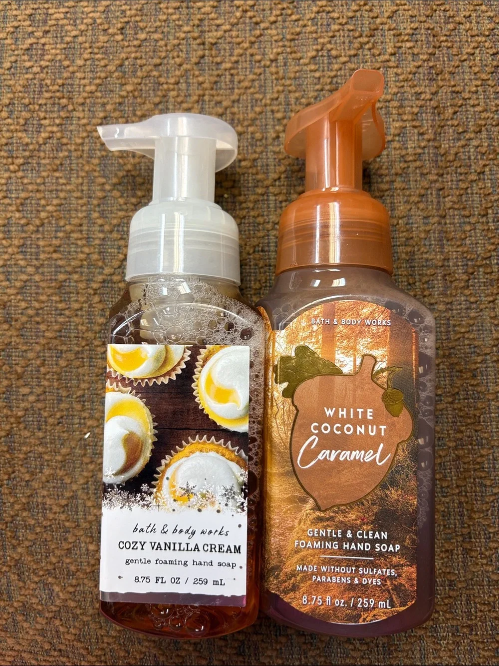 Bath and body foam soap set in cozy vanilla cream and white coconut caramel